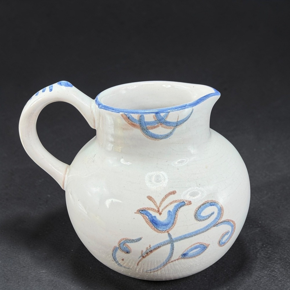 L Hjorth Denmark Studio Pottery Creamer‎ Pitcher Blue Floral Stoneware Vintage